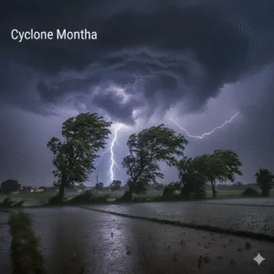Cyclone Montha approaching Vidarbha; IMD alert map showing Orange and Yellow zones across Nagpur, Chandrapur, Yavatmal, and Gadchiroli with storm clouds and lightning in the background.