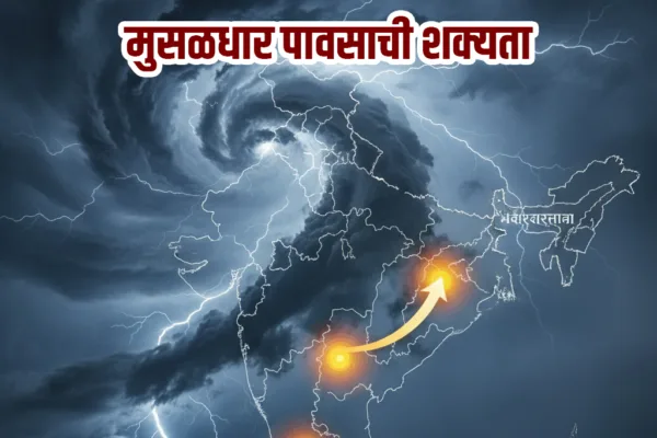 Severe Cyclone Montha approaching Vidarbha with dark storm clouds, heavy rain, and strong winds over Maharashtra.