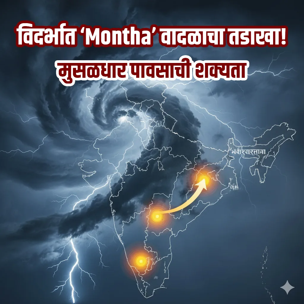 Severe Cyclone Montha approaching Vidarbha with dark storm clouds, heavy rain, and strong winds over Maharashtra.
