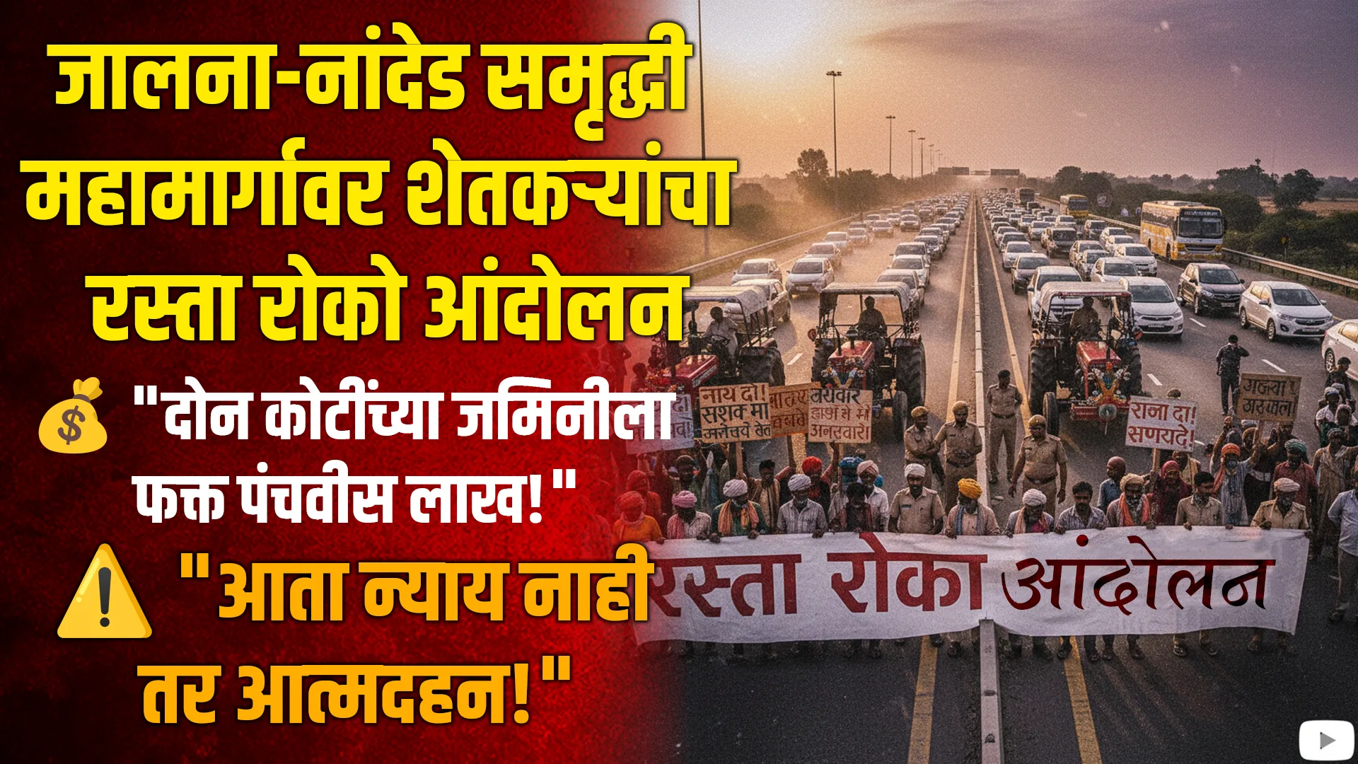 Angry farmers blocking Jalna-Nanded Samruddhi Mahamarg during Rasta Roko protest demanding fair land compensation, with tractors, banners, and police presence on the highway in Maharashtra, India.